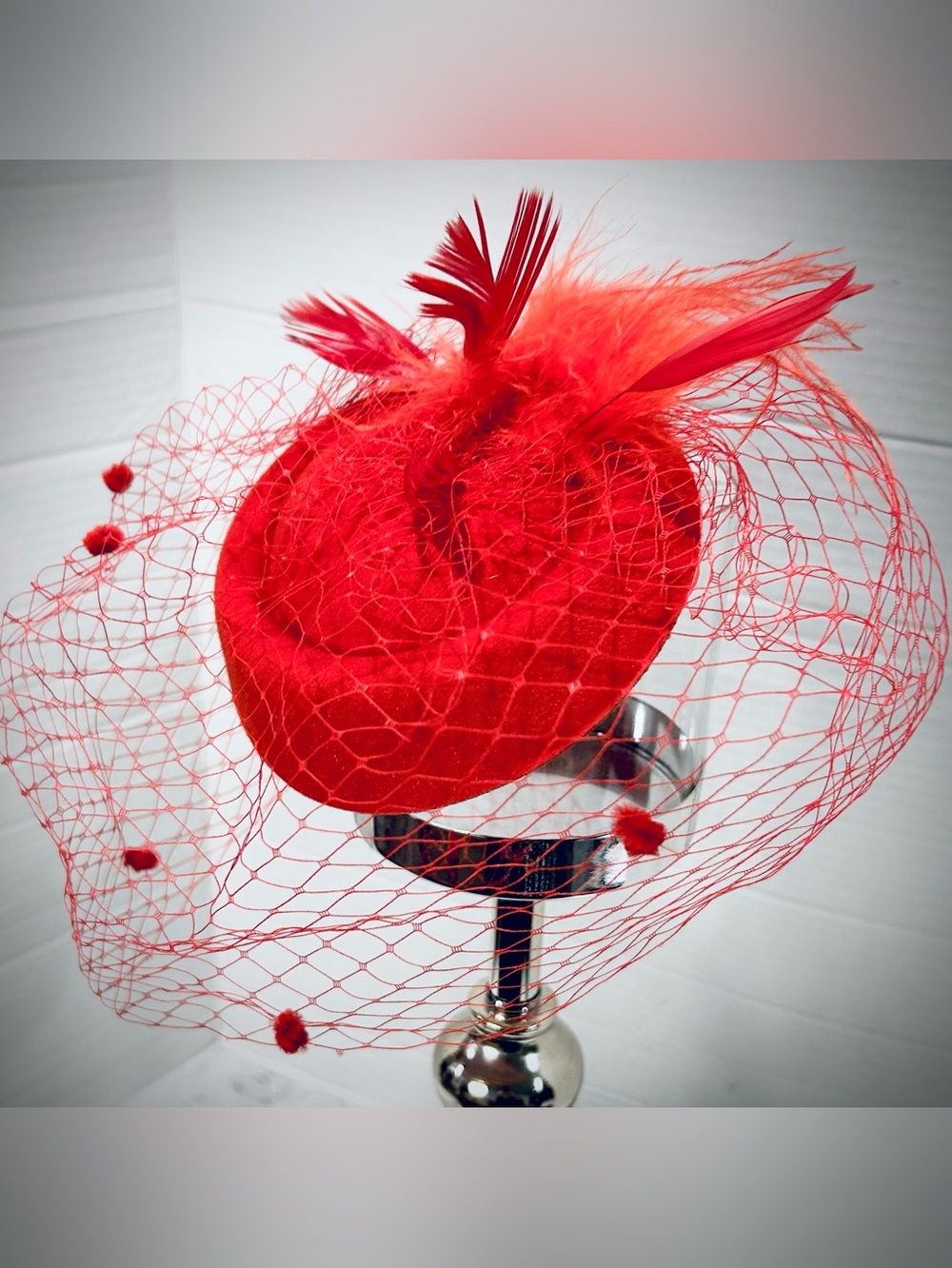 Elegant Red Fascinator Hat Kentucky Derby Wedding Guest Church Hat